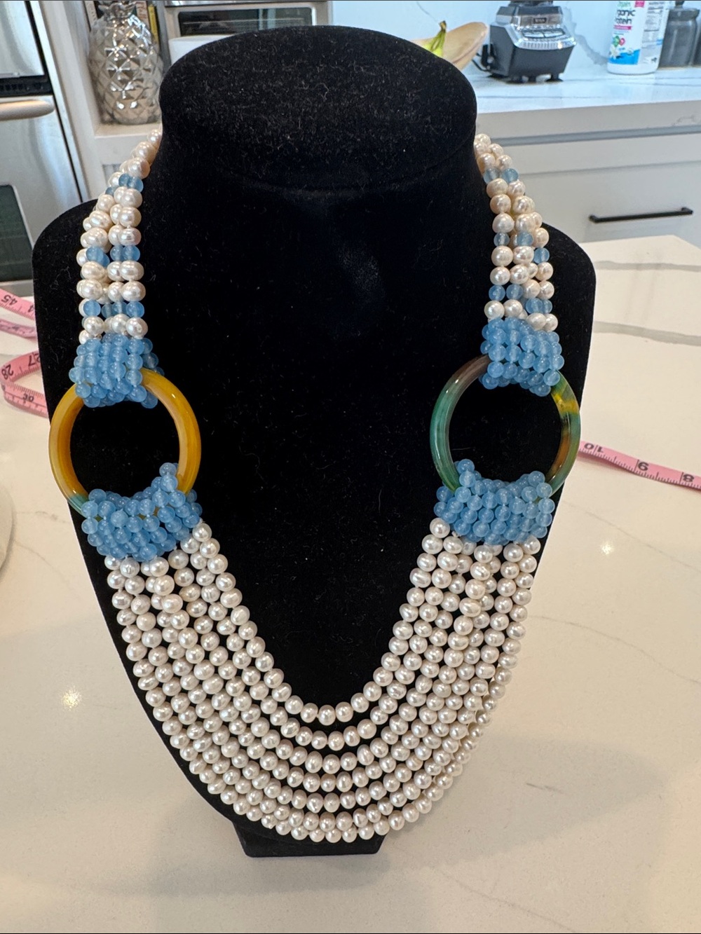 Multi-Strand Faux Pearl Necklace with Blue Beaded Accents